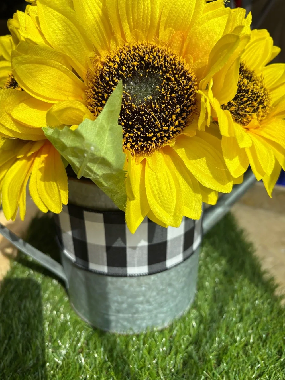 Yellow Sunflower Bouquet with Buffalo Check Ribbon in Tin Watering Can